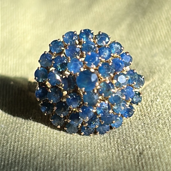 Sold-14K Yellow Gold Spiral Cluster Cocktail Natural Round Shape Blue Sapphire - Picture 9 of 17